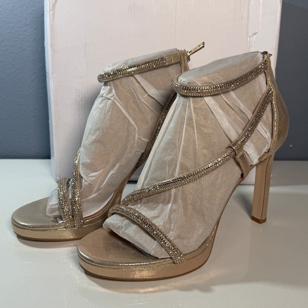 Jessica Simpson Stiletto Sandals Womens 11 Gold‎  Rhinestone Strappy